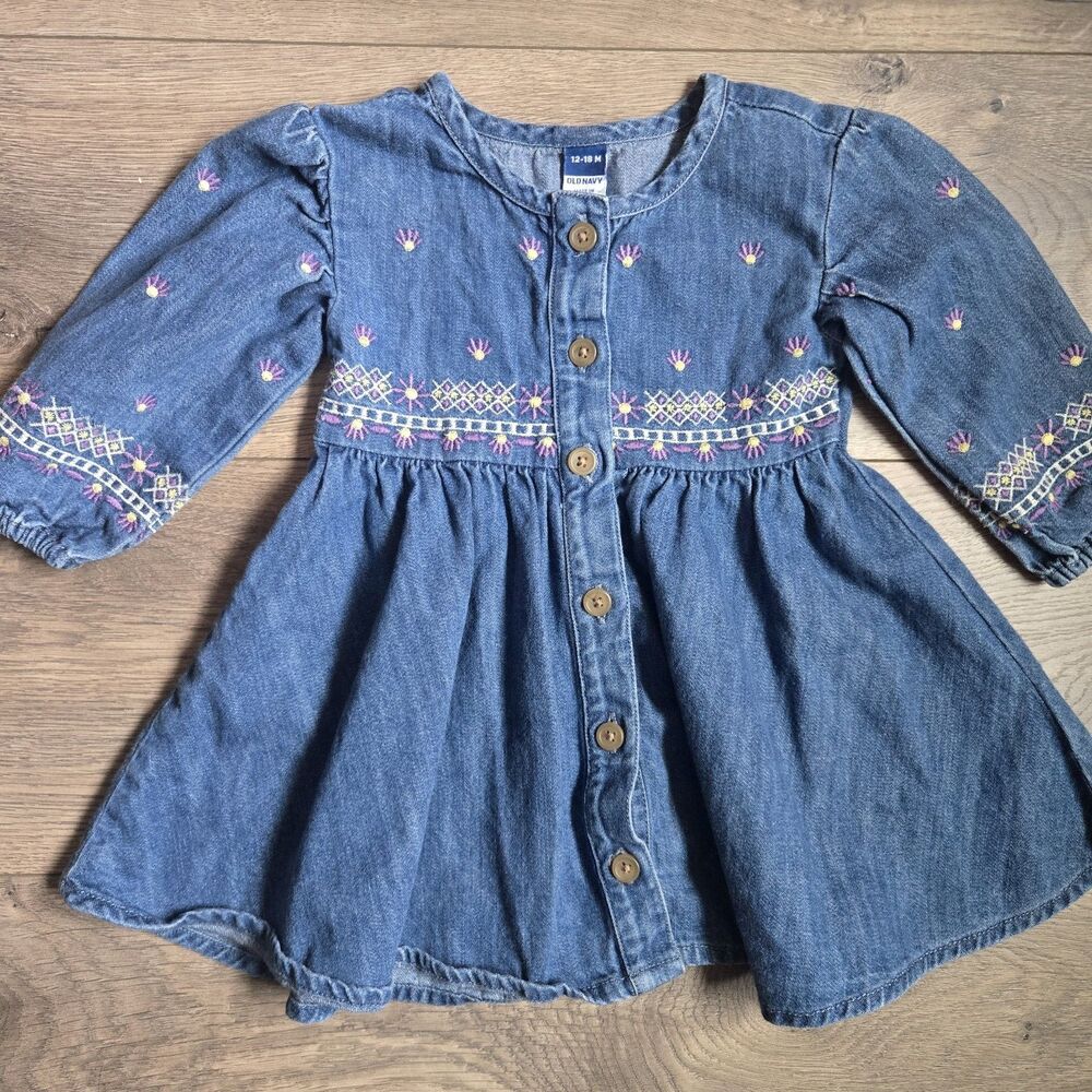 Old Navy Baby Girl 12-18M Embroidered Denim Dress Boho Peasant Floral LS Retro